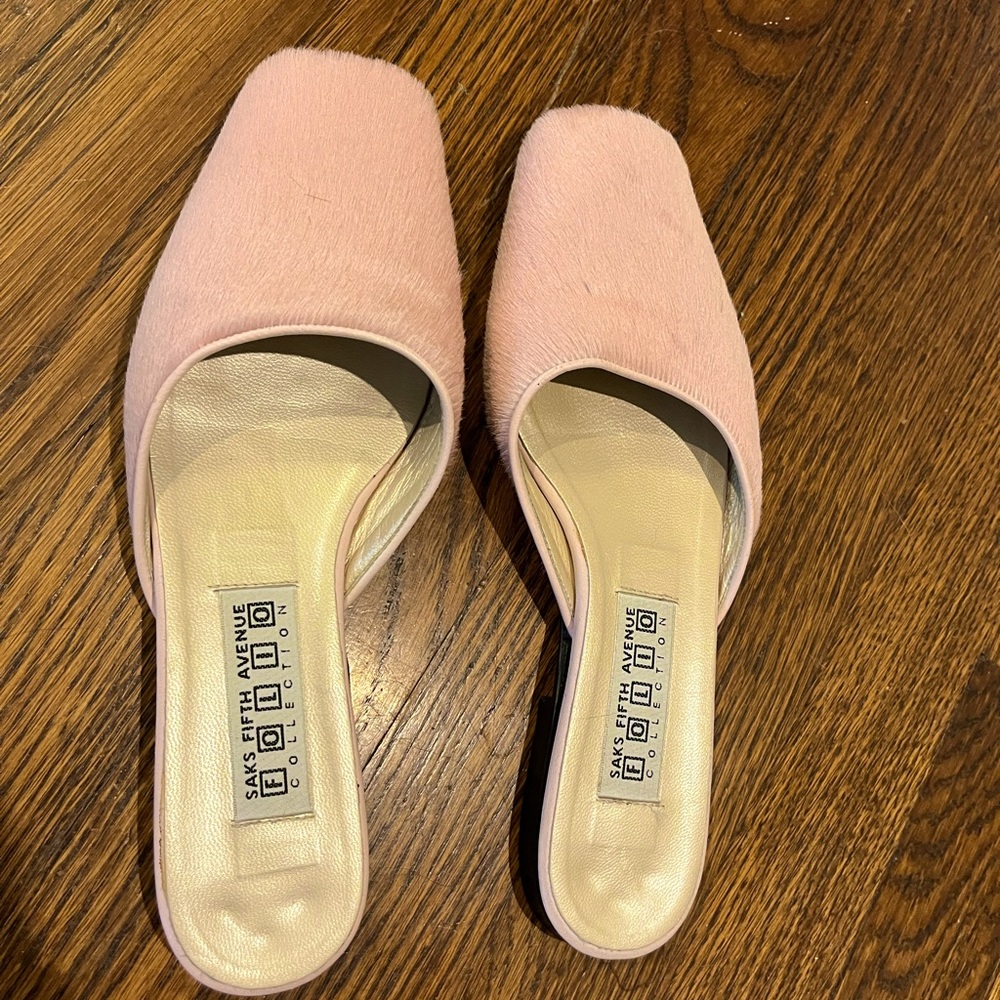 Vintage Saks 5th Ave Pink Faux Fur Mules - Size 7